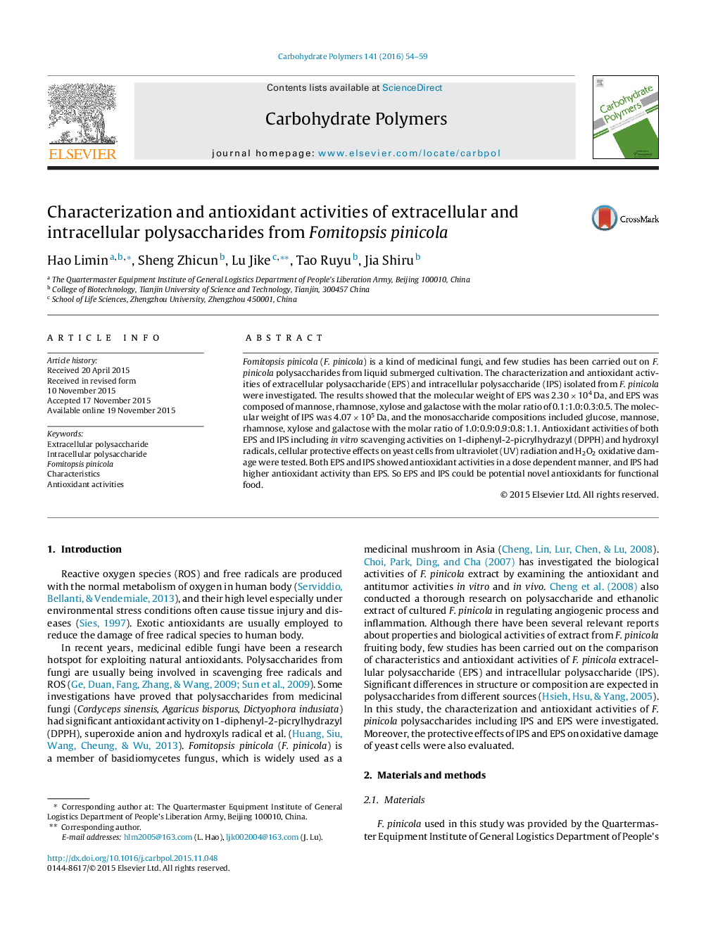 Characterization and antioxidant activities of extracellular and intracellular polysaccharides from Fomitopsis pinicola