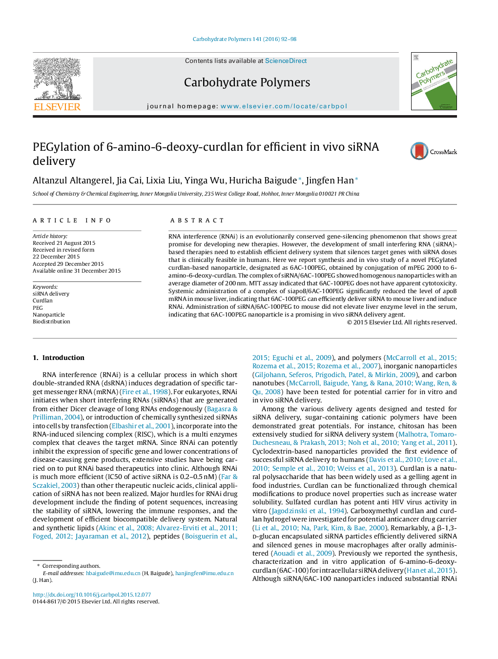 PEGylation of 6-amino-6-deoxy-curdlan for efficient in vivo siRNA delivery