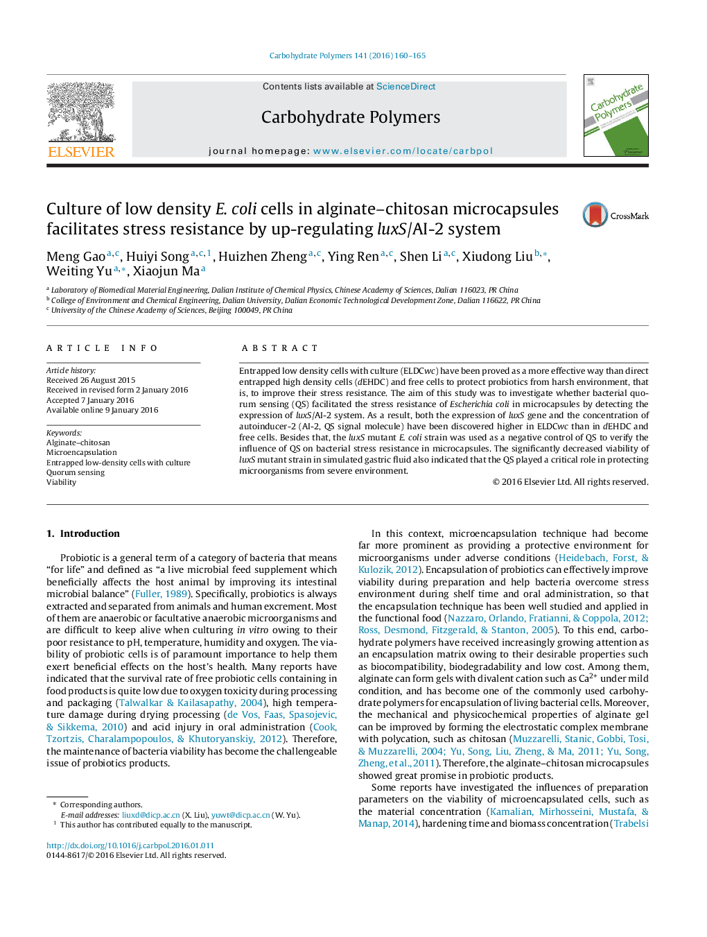 Culture of low density E. coli cells in alginate–chitosan microcapsules facilitates stress resistance by up-regulating luxS/AI-2 system