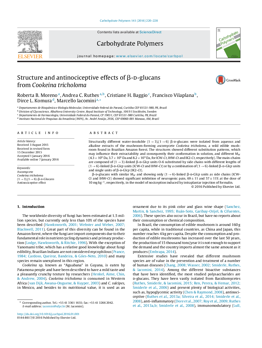 Structure and antinociceptive effects of β-d-glucans from Cookeina tricholoma