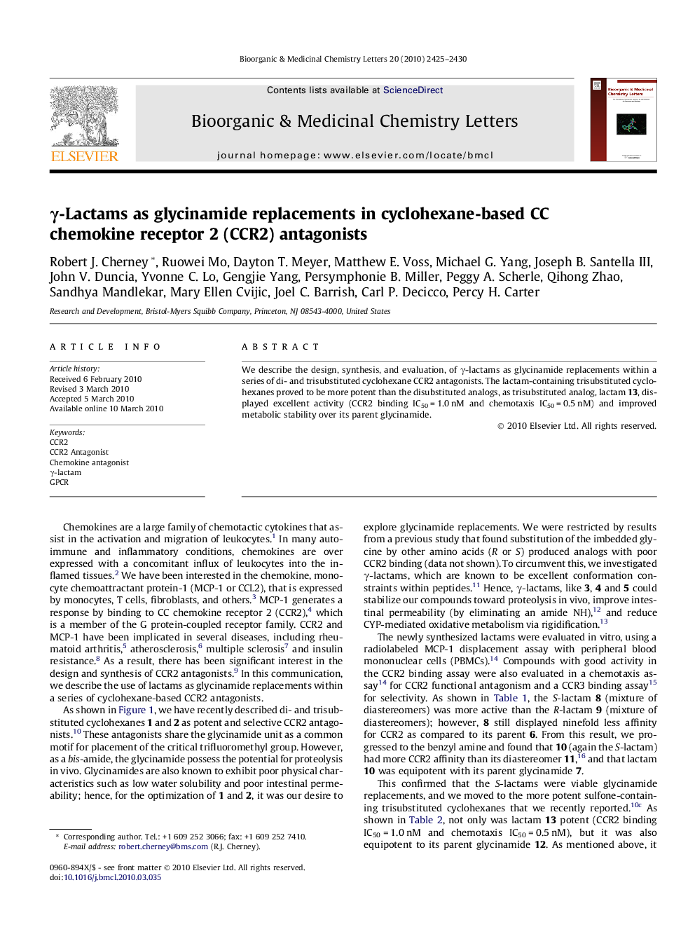 γ-Lactams as glycinamide replacements in cyclohexane-based CC chemokine receptor 2 (CCR2) antagonists