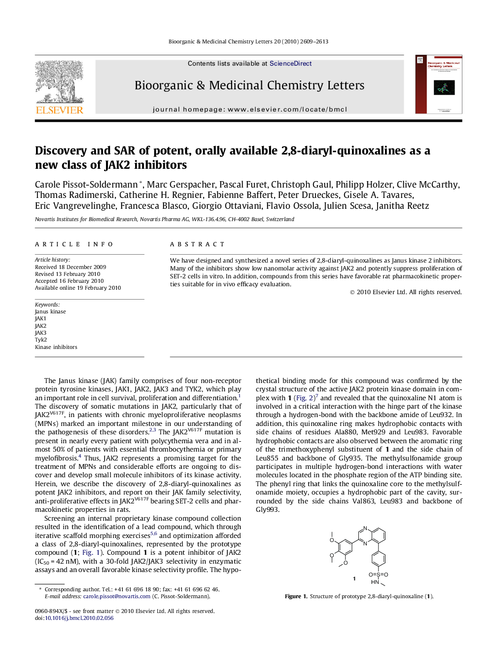 Discovery and SAR of potent, orally available 2,8-diaryl-quinoxalines as a new class of JAK2 inhibitors