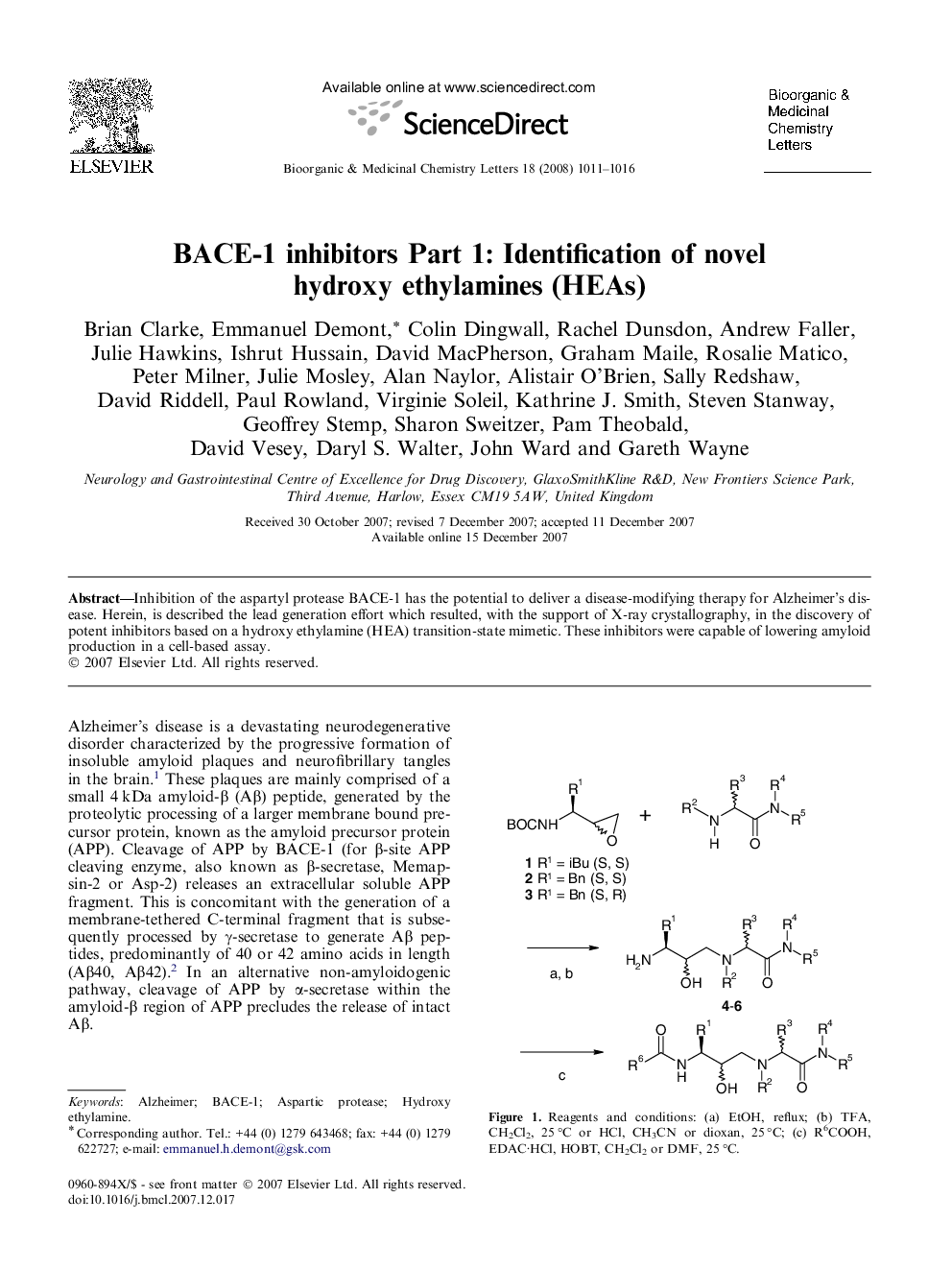 BACE-1 inhibitors Part 1: Identification of novel hydroxy ethylamines (HEAs)