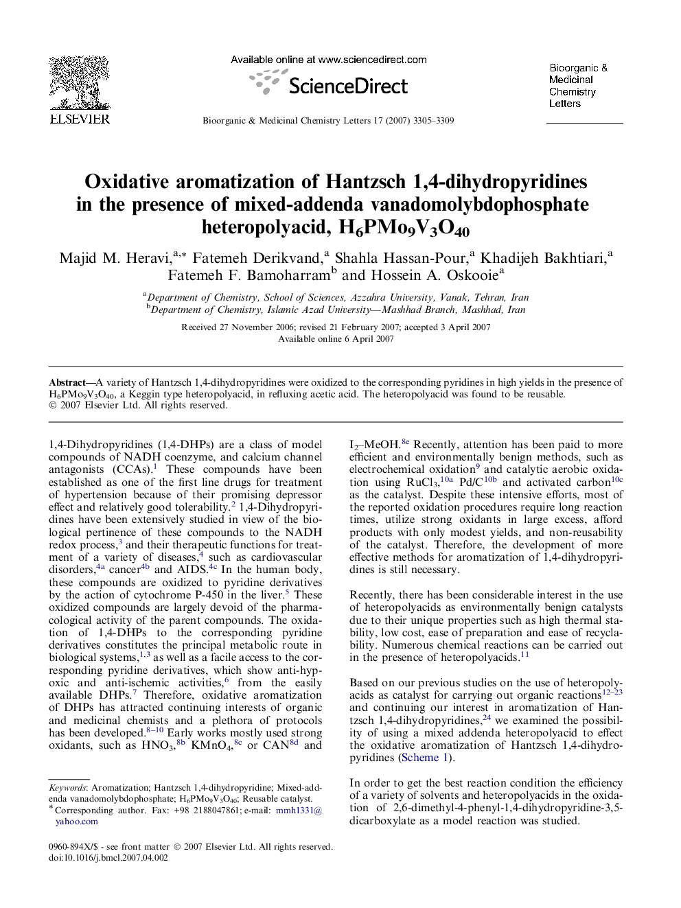 Oxidative aromatization of Hantzsch 1,4-dihydropyridines in the presence of mixed-addenda vanadomolybdophosphate heteropolyacid, H6PMo9V3O40