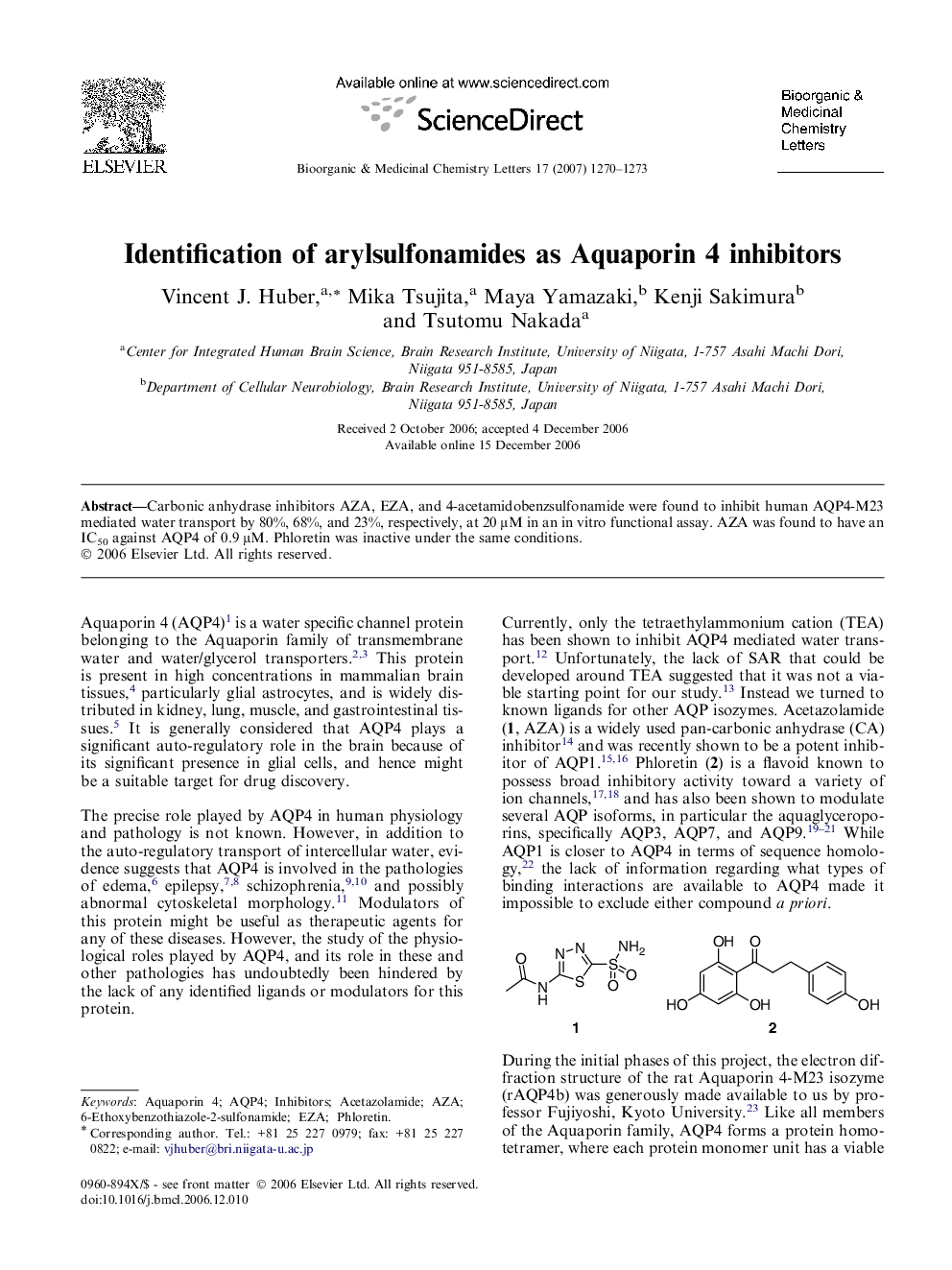 Identification of arylsulfonamides as Aquaporin 4 inhibitors