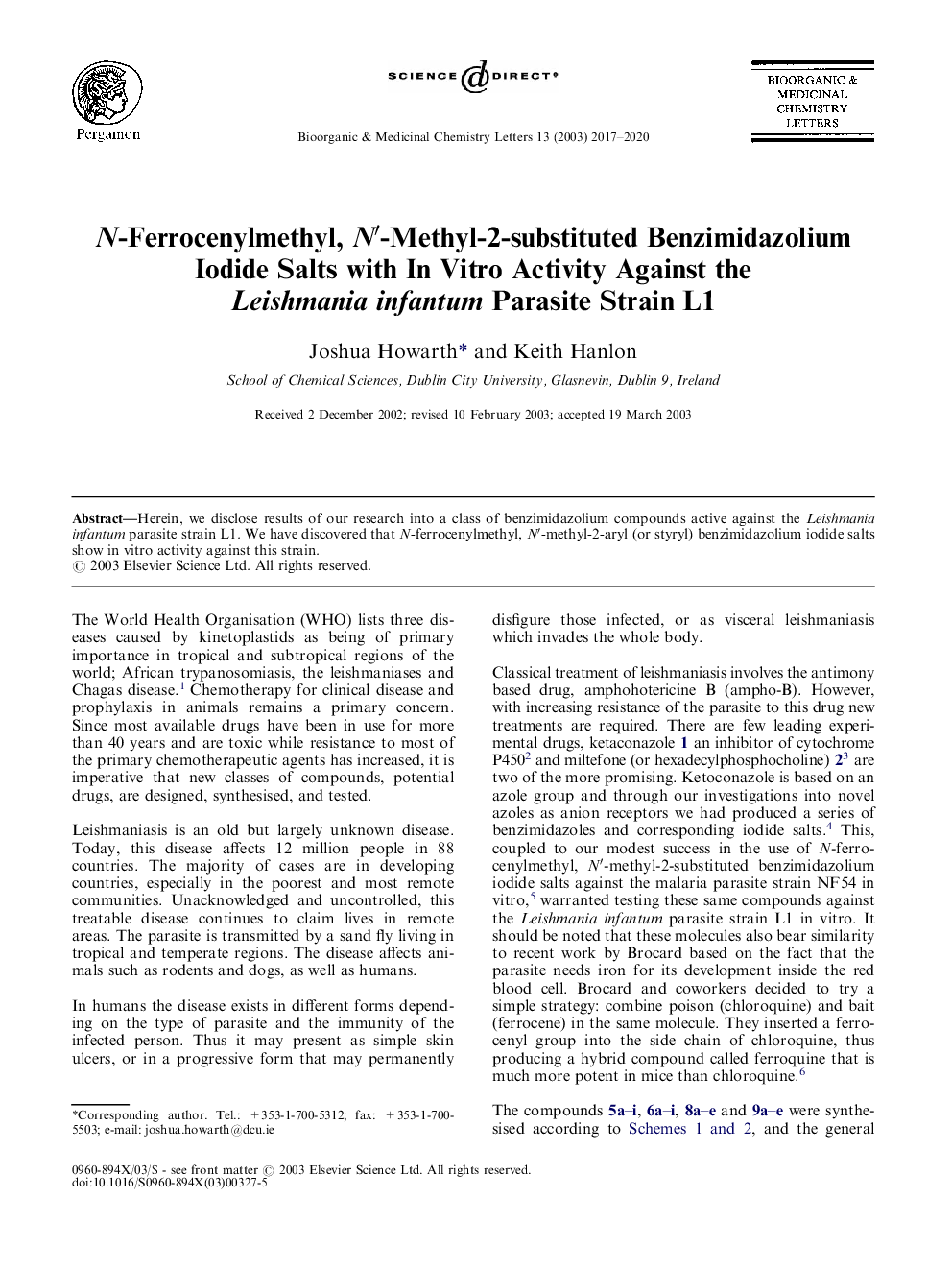 N-Ferrocenylmethyl، N'-متیل-2-جایگزین نمک یدید benzimidazolium با در شرایط آزمایشگاهی فعالیت بر ضد فشار لیشمانیا اینفانتوم انگل L1