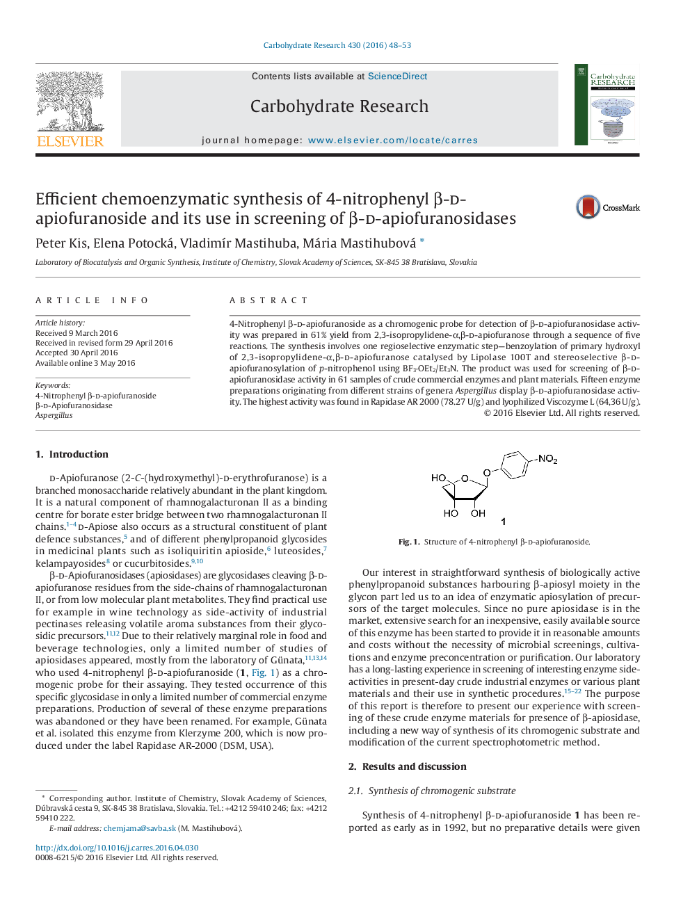 Efficient chemoenzymatic synthesis of 4-nitrophenyl β-d-apiofuranoside and its use in screening of β-d-apiofuranosidases