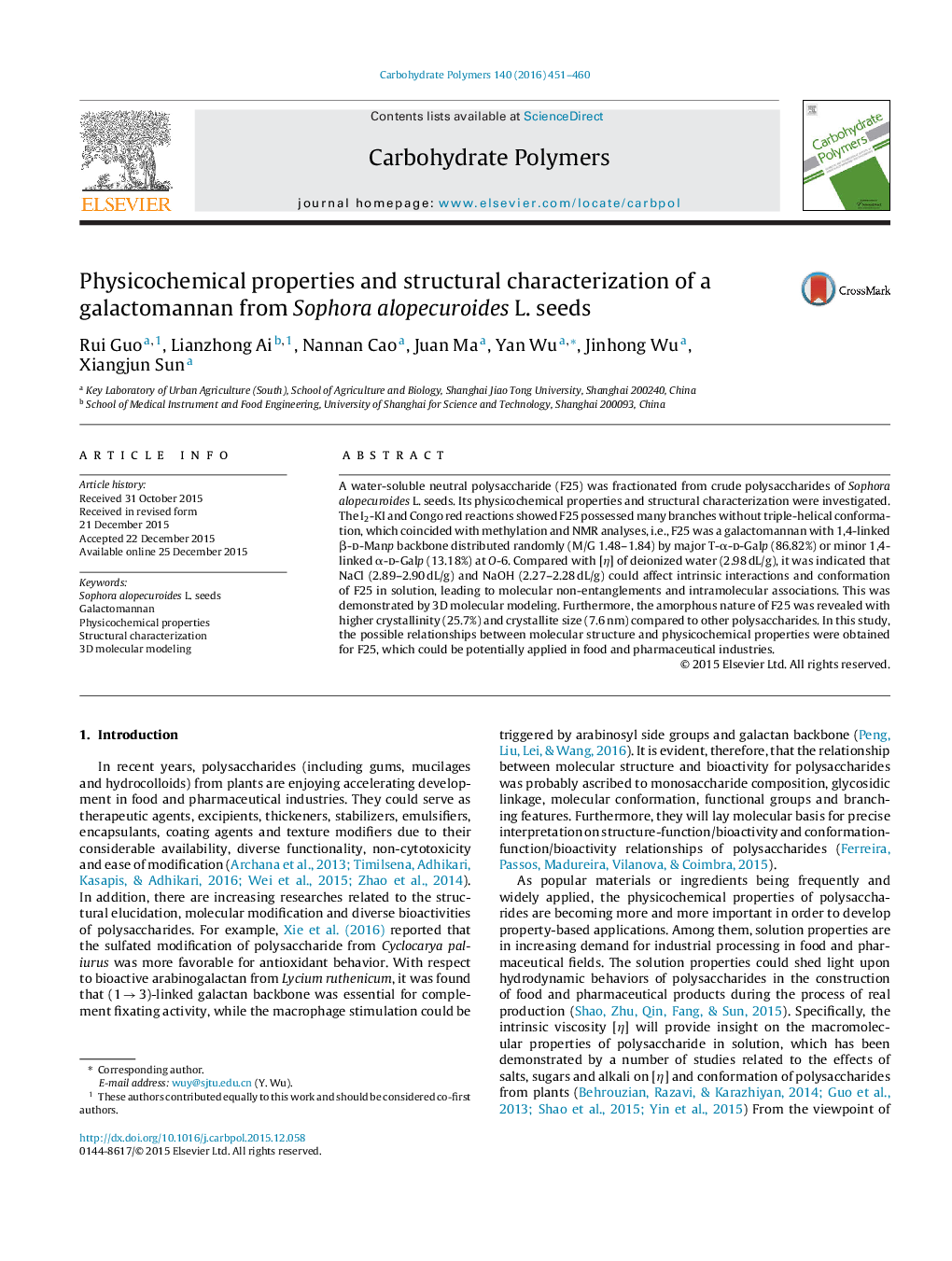 Physicochemical properties and structural characterization of a galactomannan from Sophora alopecuroides L. seeds