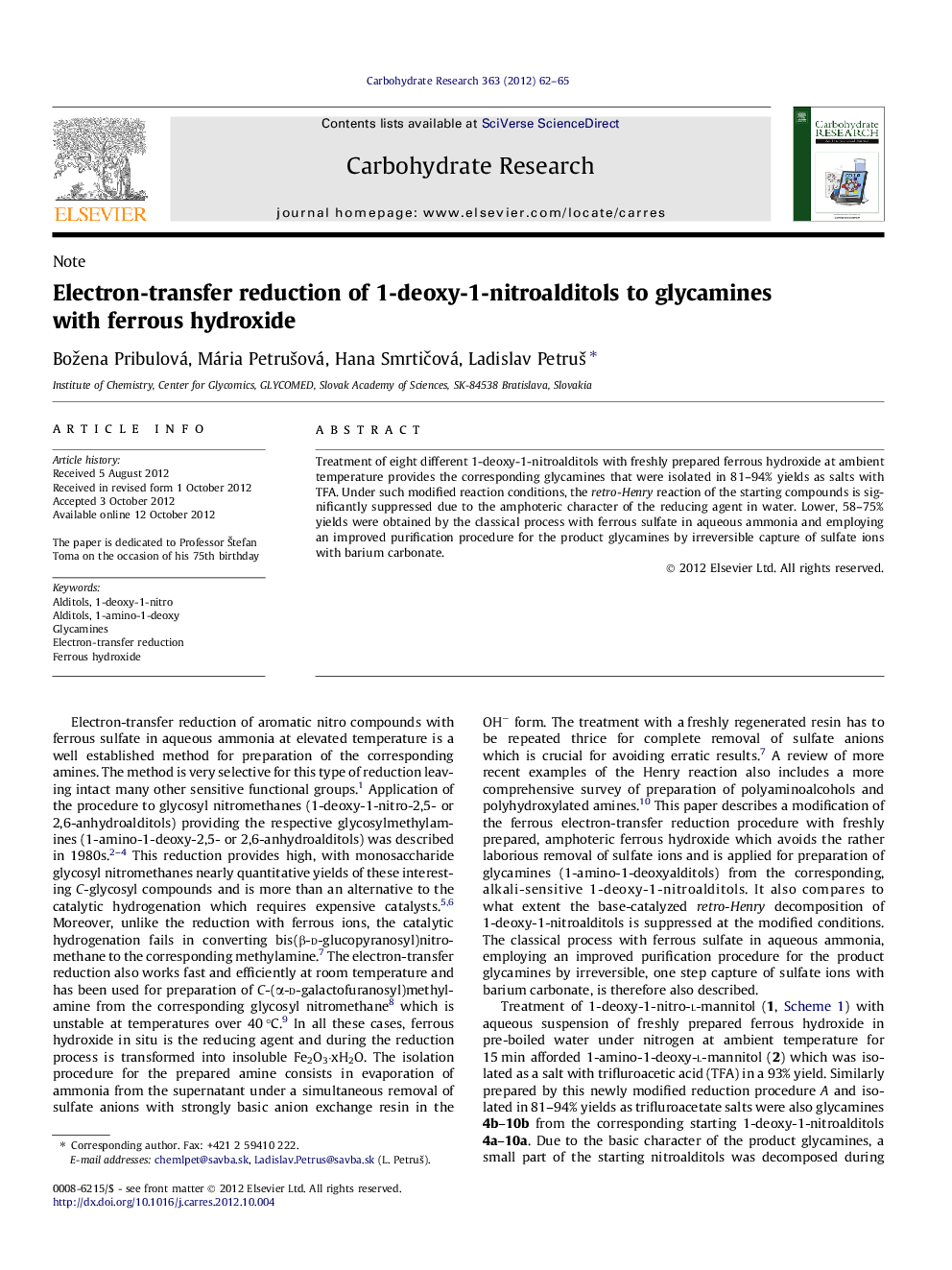 Electron-transfer reduction of 1-deoxy-1-nitroalditols to glycamines with ferrous hydroxide