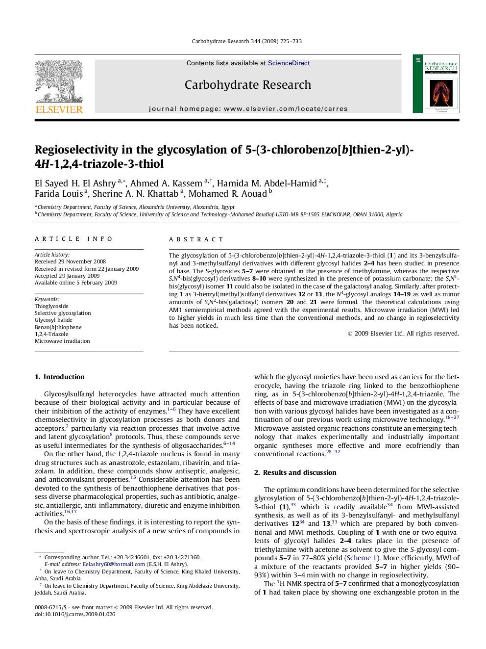 Regioselectivity in the glycosylation of 5-(3-chlorobenzo[b]thien-2-yl)-4H-1,2,4-triazole-3-thiol