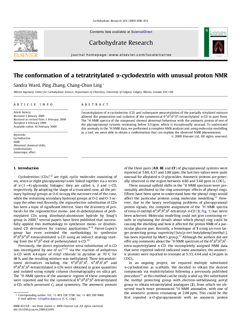 The conformation of a tetratritylated α-cyclodextrin with unusual proton NMR