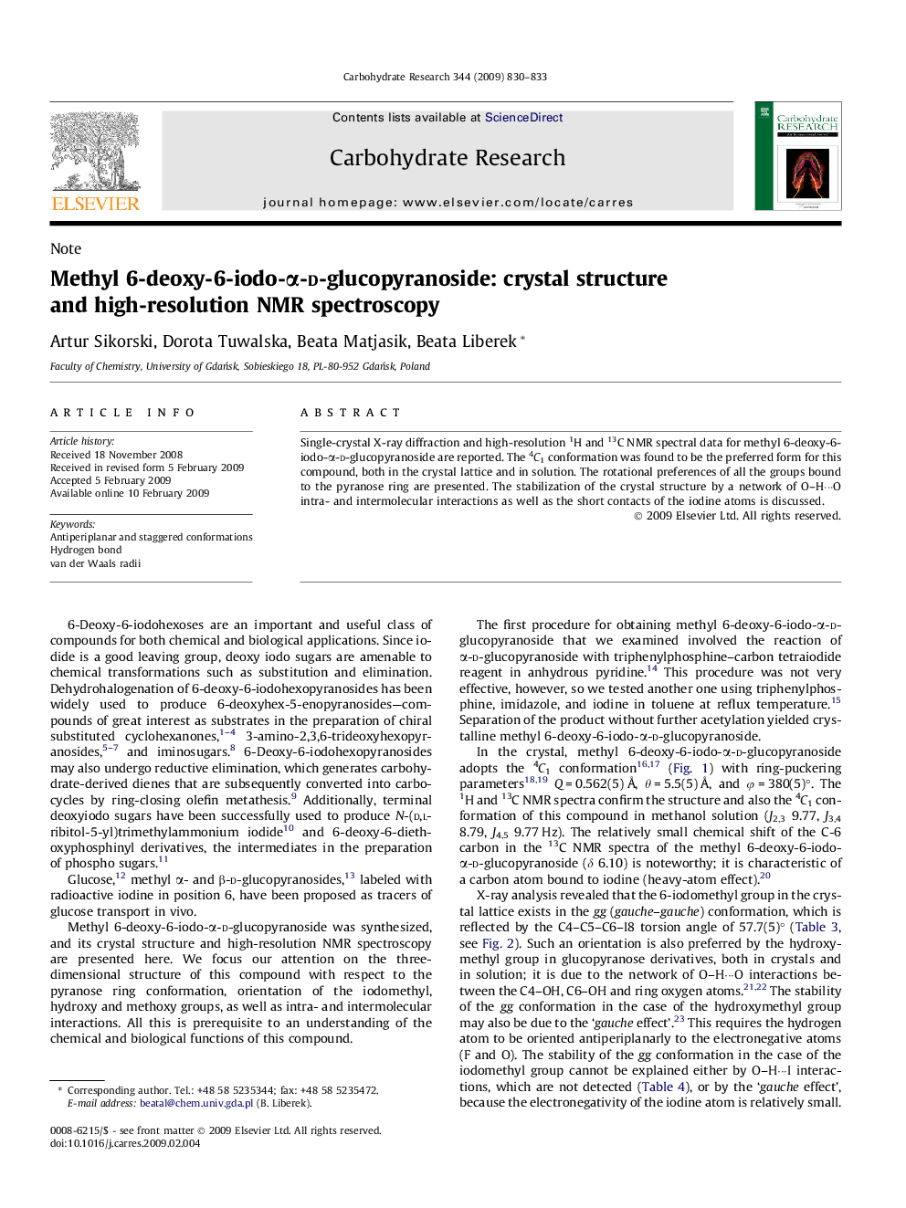 Methyl 6-deoxy-6-iodo-Î±-d-glucopyranoside: crystal structure and high-resolution NMR spectroscopy