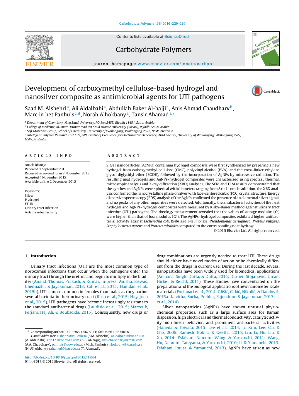 Development of carboxymethyl cellulose-based hydrogel and nanosilver composite as antimicrobial agents for UTI pathogens