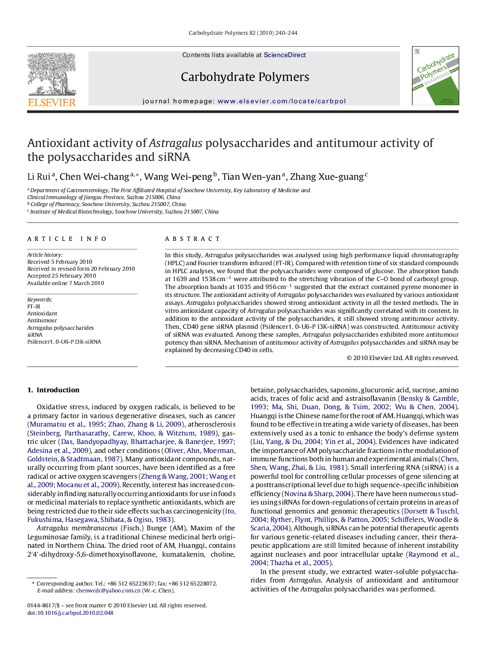 Antioxidant activity of Astragalus polysaccharides and antitumour activity of the polysaccharides and siRNA