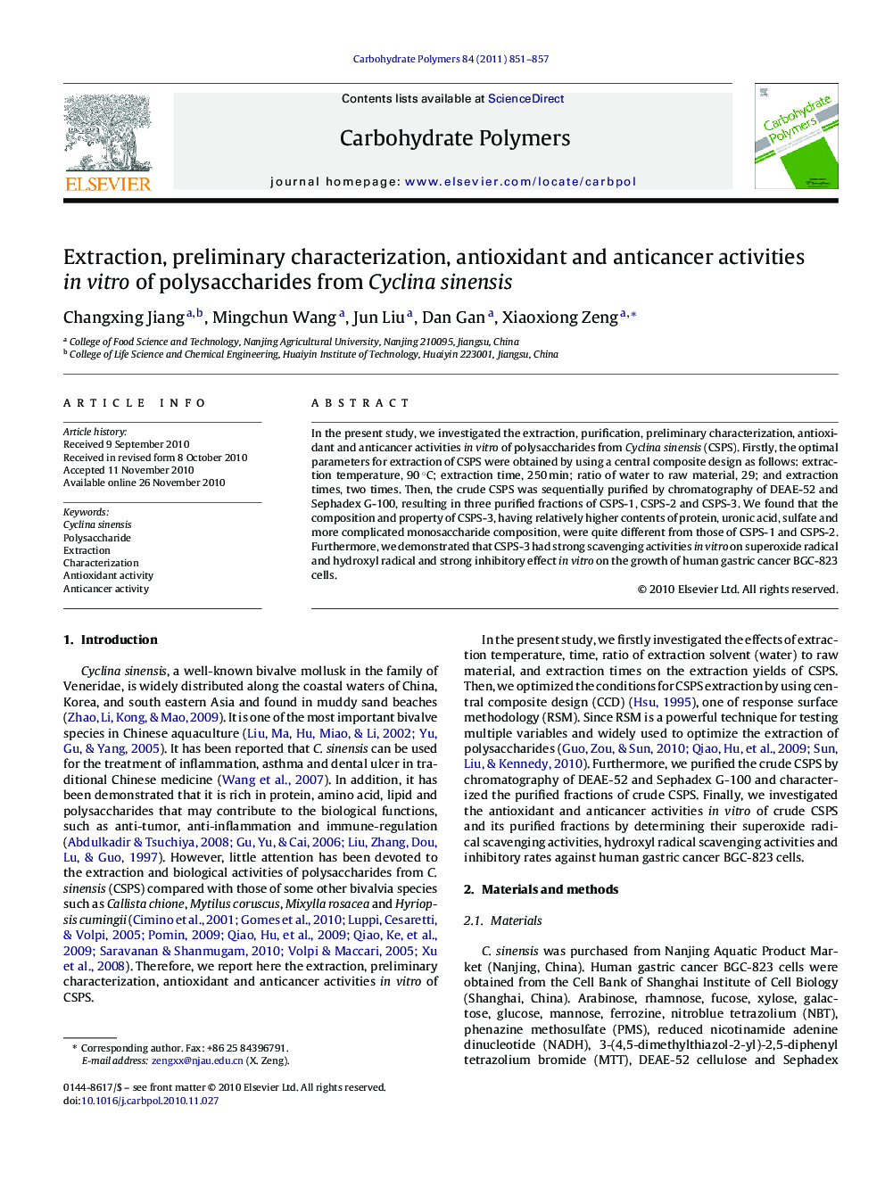 Extraction, preliminary characterization, antioxidant and anticancer activities in vitro of polysaccharides from Cyclina sinensis