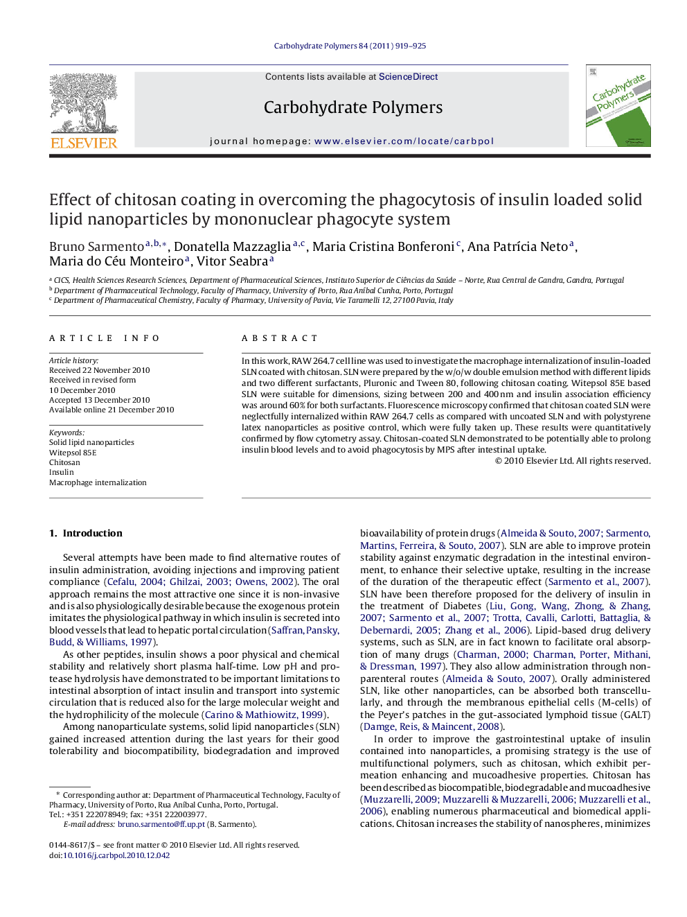 Effect of chitosan coating in overcoming the phagocytosis of insulin loaded solid lipid nanoparticles by mononuclear phagocyte system