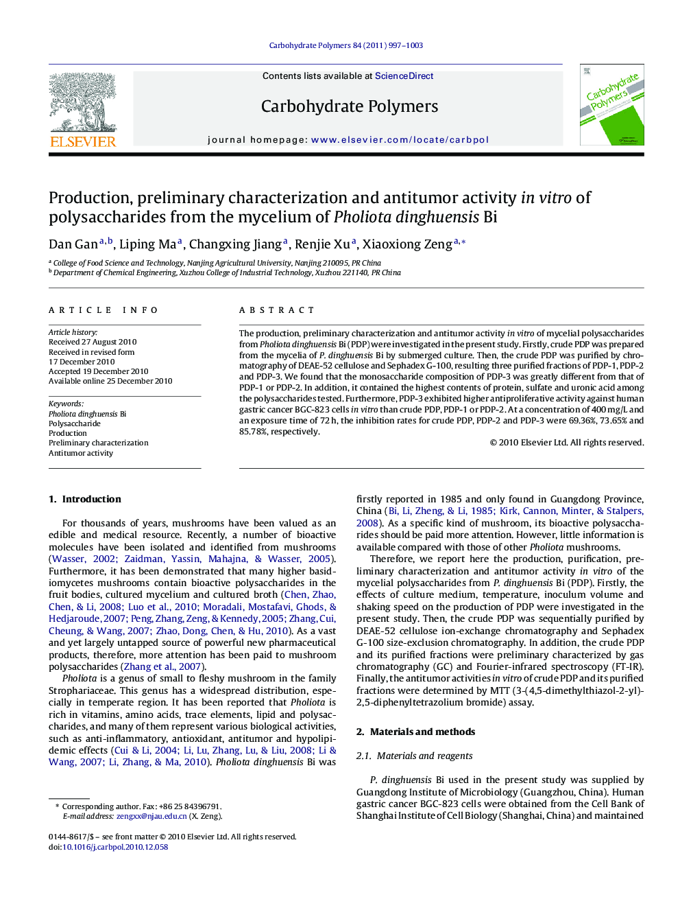Production, preliminary characterization and antitumor activity in vitro of polysaccharides from the mycelium of Pholiota dinghuensis Bi