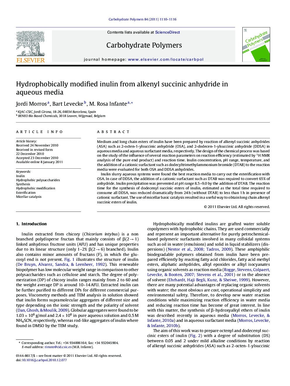 Hydrophobically modified inulin from alkenyl succinic anhydride in aqueous media