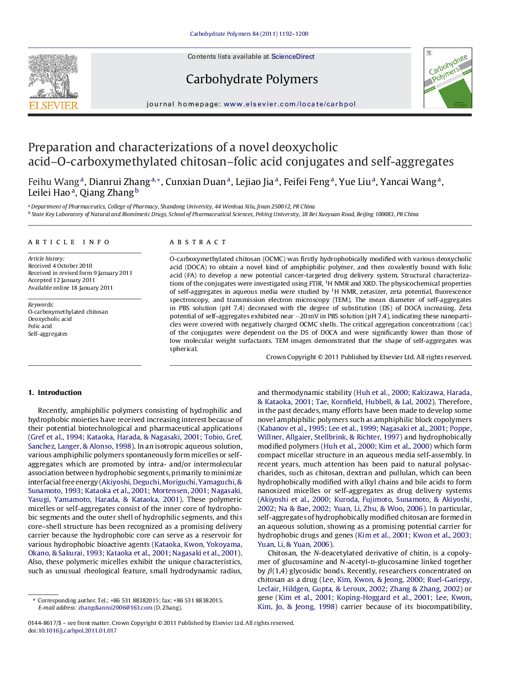 Preparation and characterizations of a novel deoxycholic acid–O-carboxymethylated chitosan–folic acid conjugates and self-aggregates
