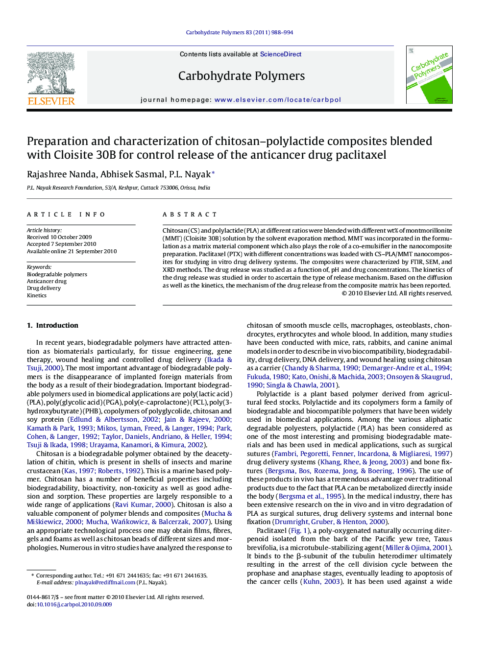 Preparation and characterization of chitosan–polylactide composites blended with Cloisite 30B for control release of the anticancer drug paclitaxel