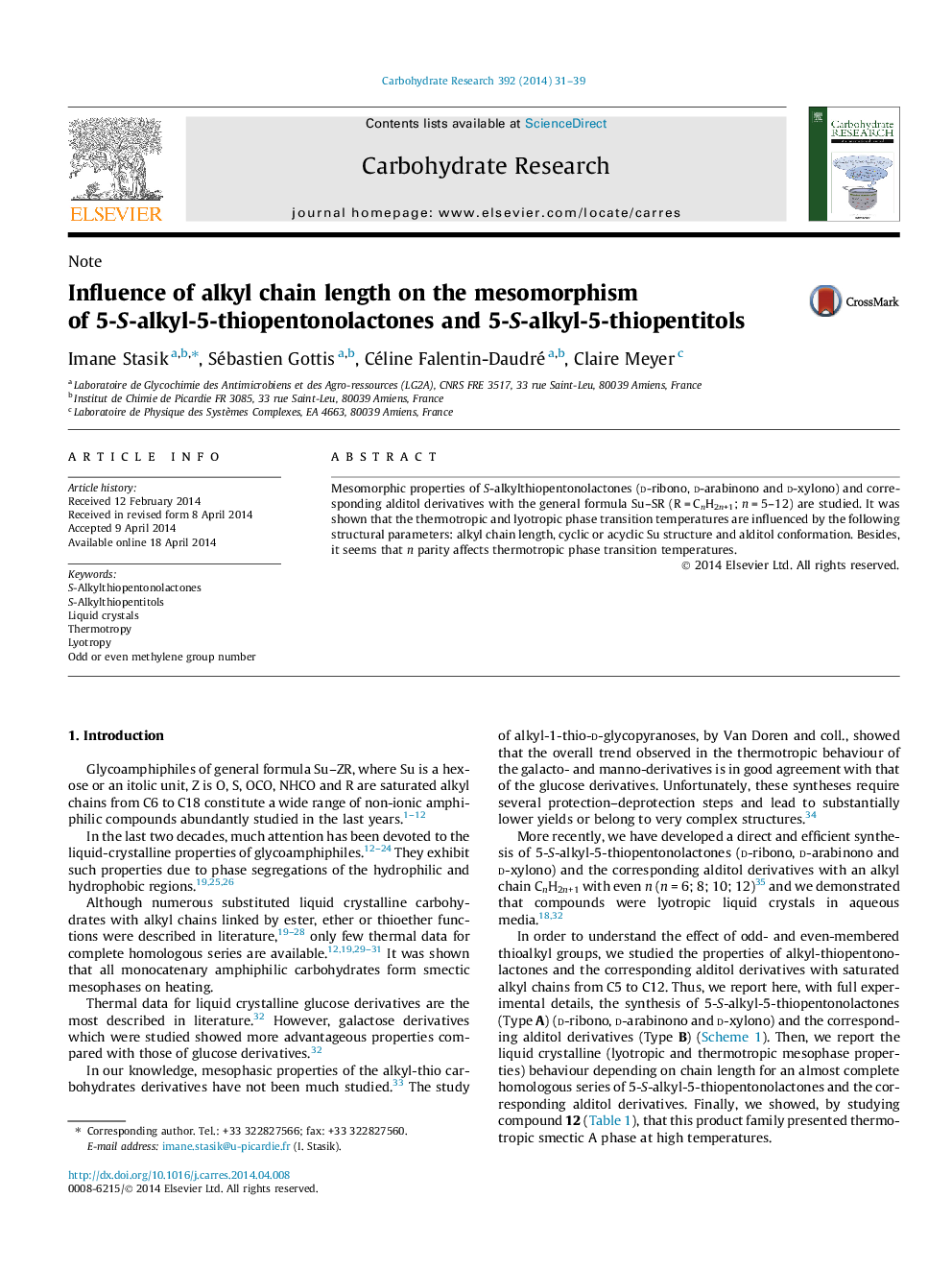 Influence of alkyl chain length on the mesomorphism of 5-S-alkyl-5-thiopentonolactones and 5-S-alkyl-5-thiopentitols