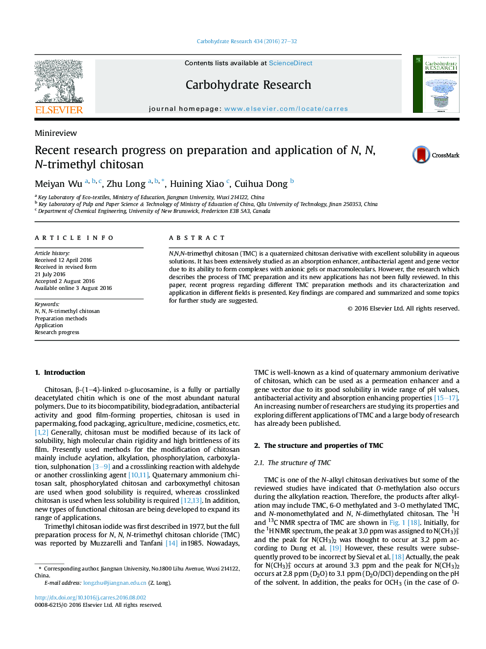 Recent research progress on preparation and application of N, N, N-trimethyl chitosan
