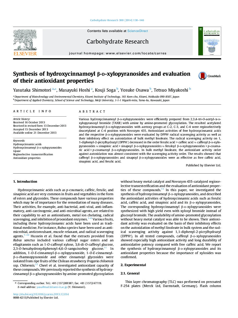 Synthesis of hydroxycinnamoyl β-d-xylopyranosides and evaluation of their antioxidant properties