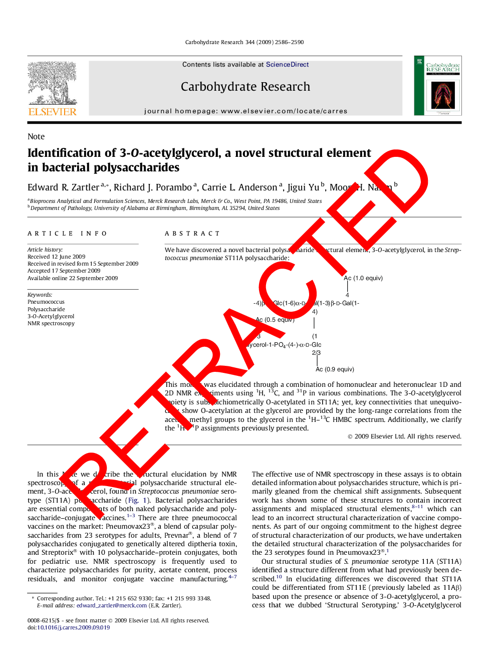 RETRACTED: Identification of 3-O-acetylglycerol, a novel structural element in bacterial polysaccharides