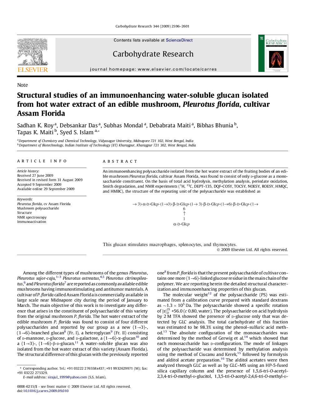 Structural studies of an immunoenhancing water-soluble glucan isolated from hot water extract of an edible mushroom, Pleurotus florida, cultivar Assam Florida