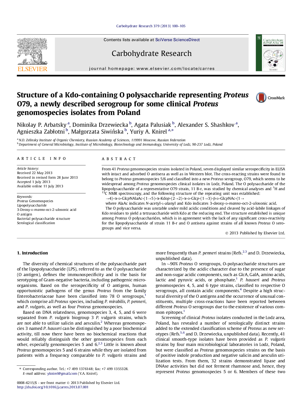 Structure of a Kdo-containing O polysaccharide representing Proteus O79, a newly described serogroup for some clinical Proteus genomospecies isolates from Poland