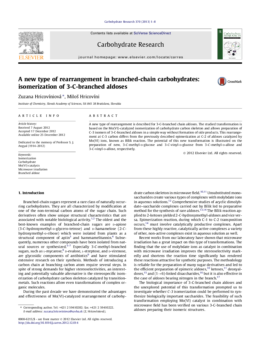 A new type of rearrangement in branched-chain carbohydrates: isomerization of 3-C-branched aldoses