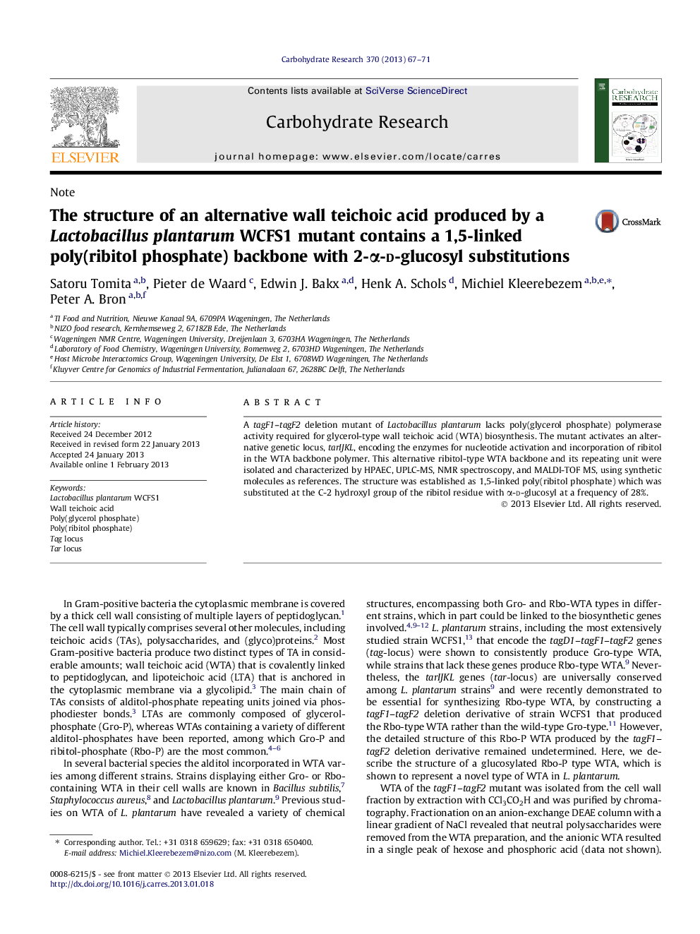 The structure of an alternative wall teichoic acid produced by a Lactobacillus plantarum WCFS1 mutant contains a 1,5-linked poly(ribitol phosphate) backbone with 2-α-d-glucosyl substitutions