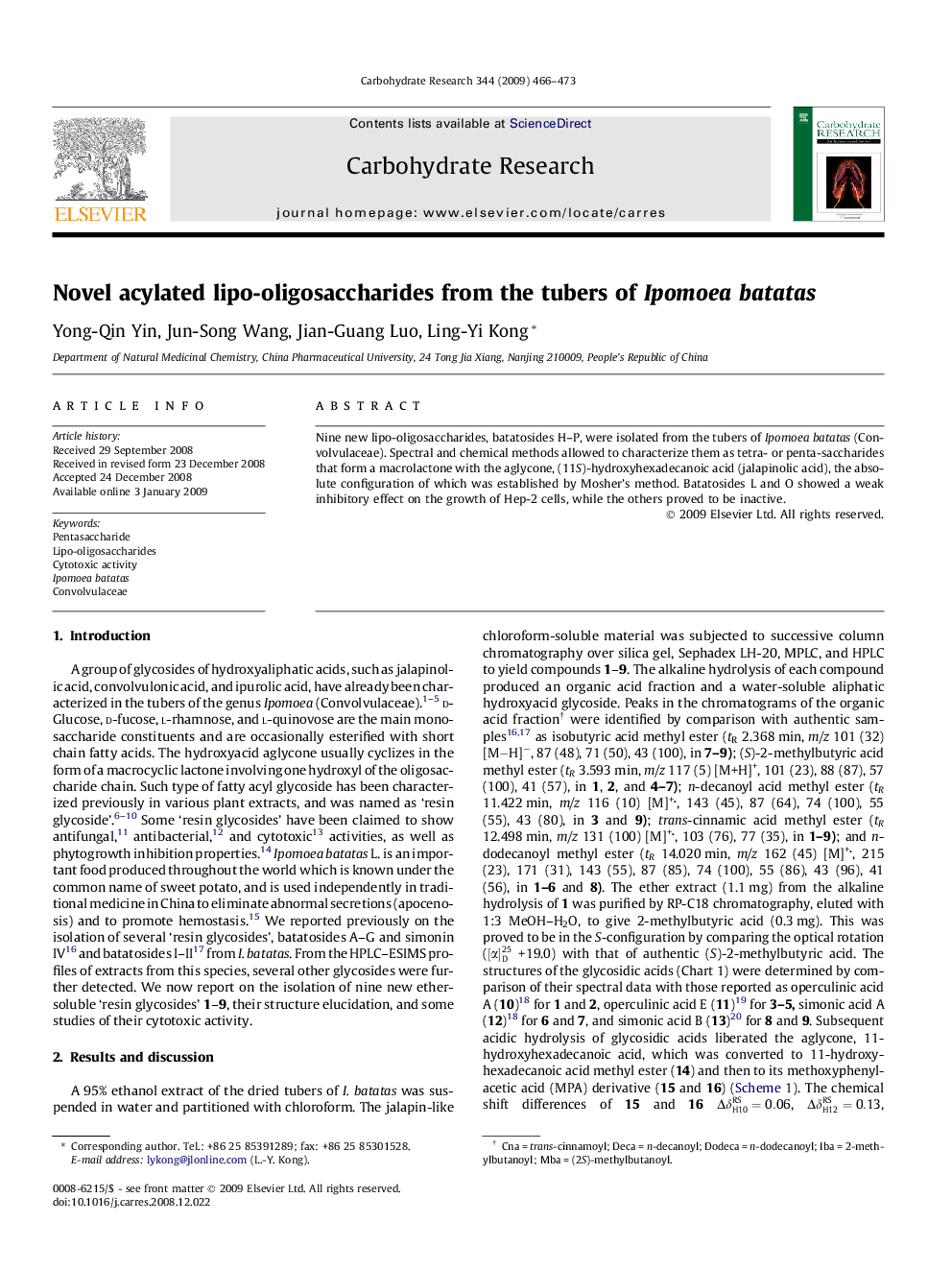 Novel acylated lipo-oligosaccharides from the tubers of Ipomoea batatas