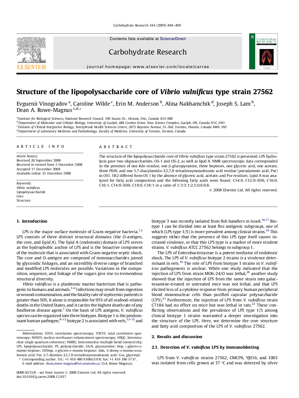Structure of the lipopolysaccharide core of Vibrio vulnificus type strain 27562