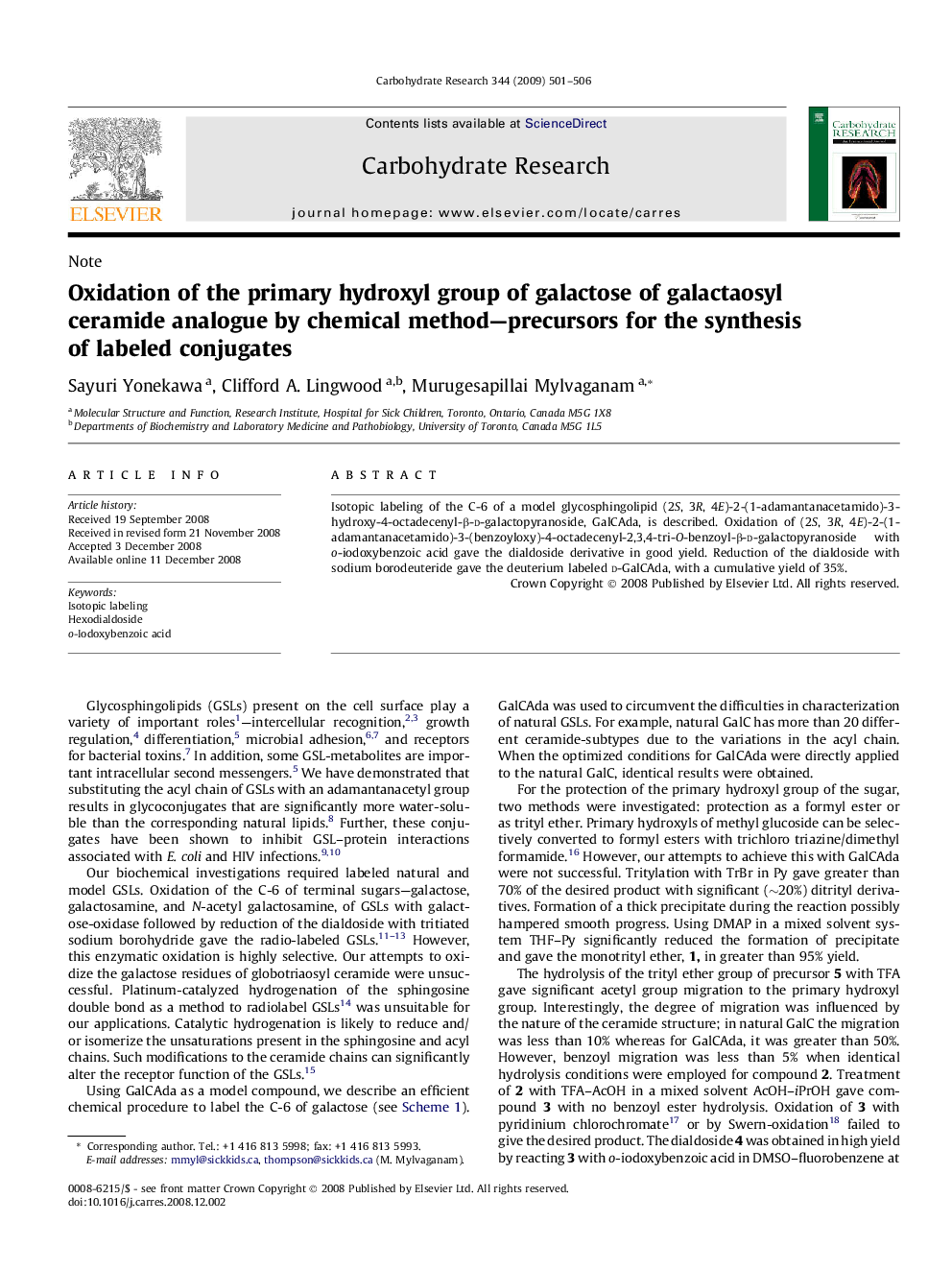 Oxidation of the primary hydroxyl group of galactose of galactaosyl ceramide analogue by chemical method—precursors for the synthesis of labeled conjugates