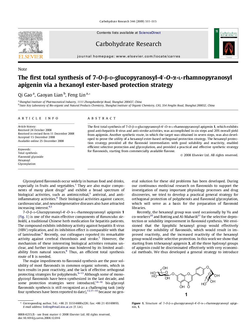 The first total synthesis of 7-O-β-d-glucopyranosyl-4′-O-α-l-rhamnopyranosyl apigenin via a hexanoyl ester-based protection strategy