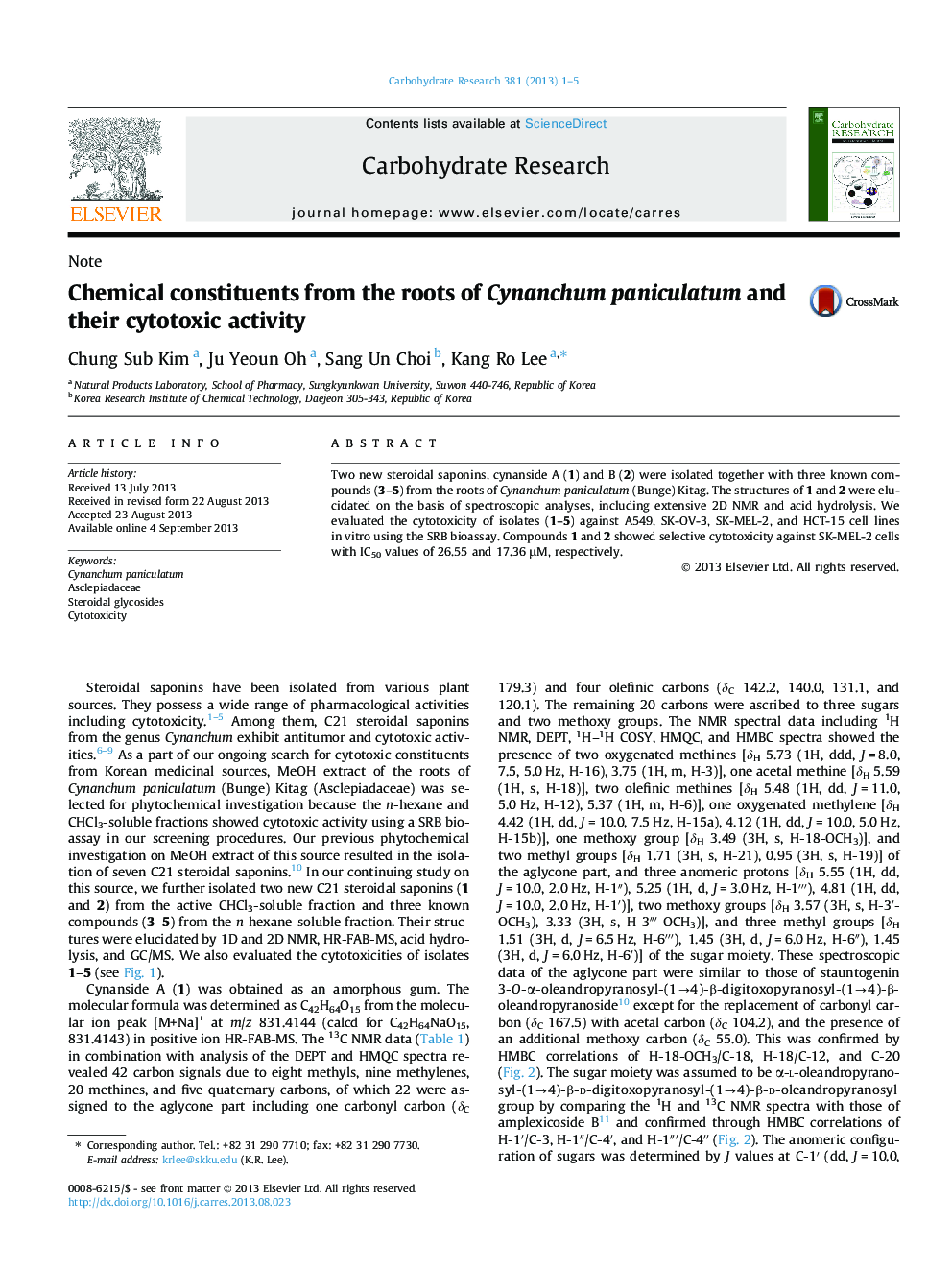 Chemical constituents from the roots of Cynanchum paniculatum and their cytotoxic activity