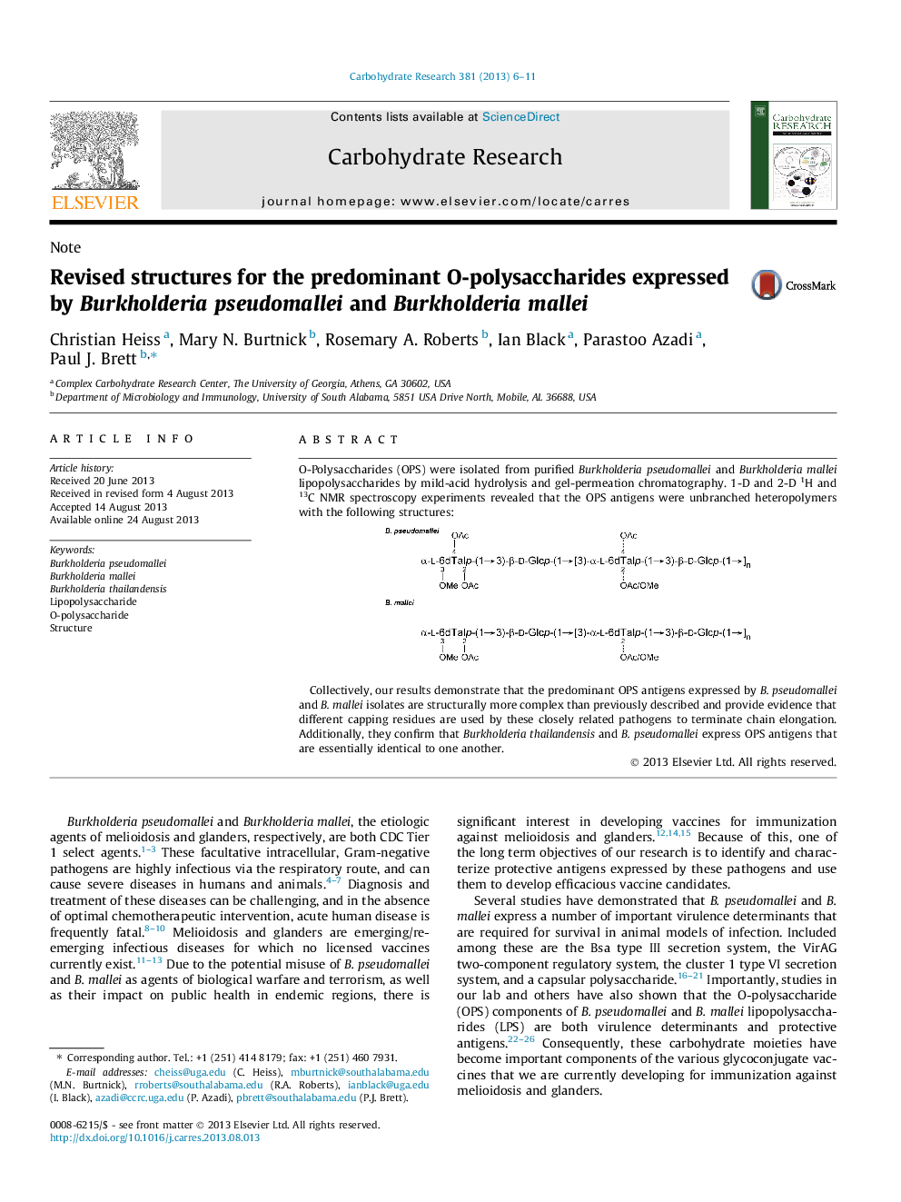 Revised structures for the predominant O-polysaccharides expressed by Burkholderia pseudomallei and Burkholderia mallei