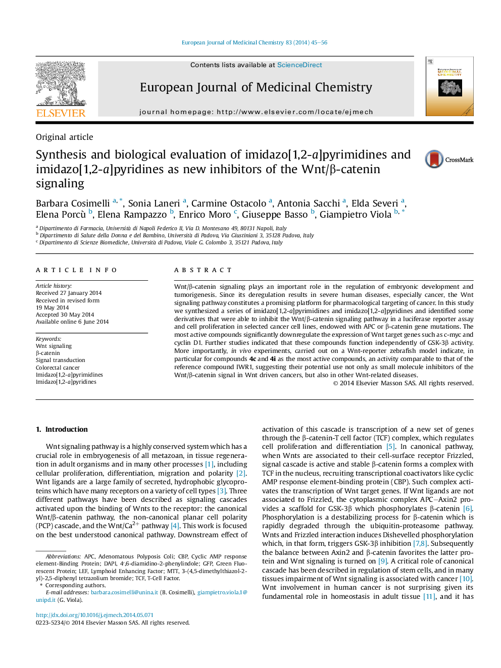 Synthesis and biological evaluation of imidazo[1,2-a]pyrimidines and imidazo[1,2-a]pyridines as new inhibitors of the Wnt/β-catenin signaling