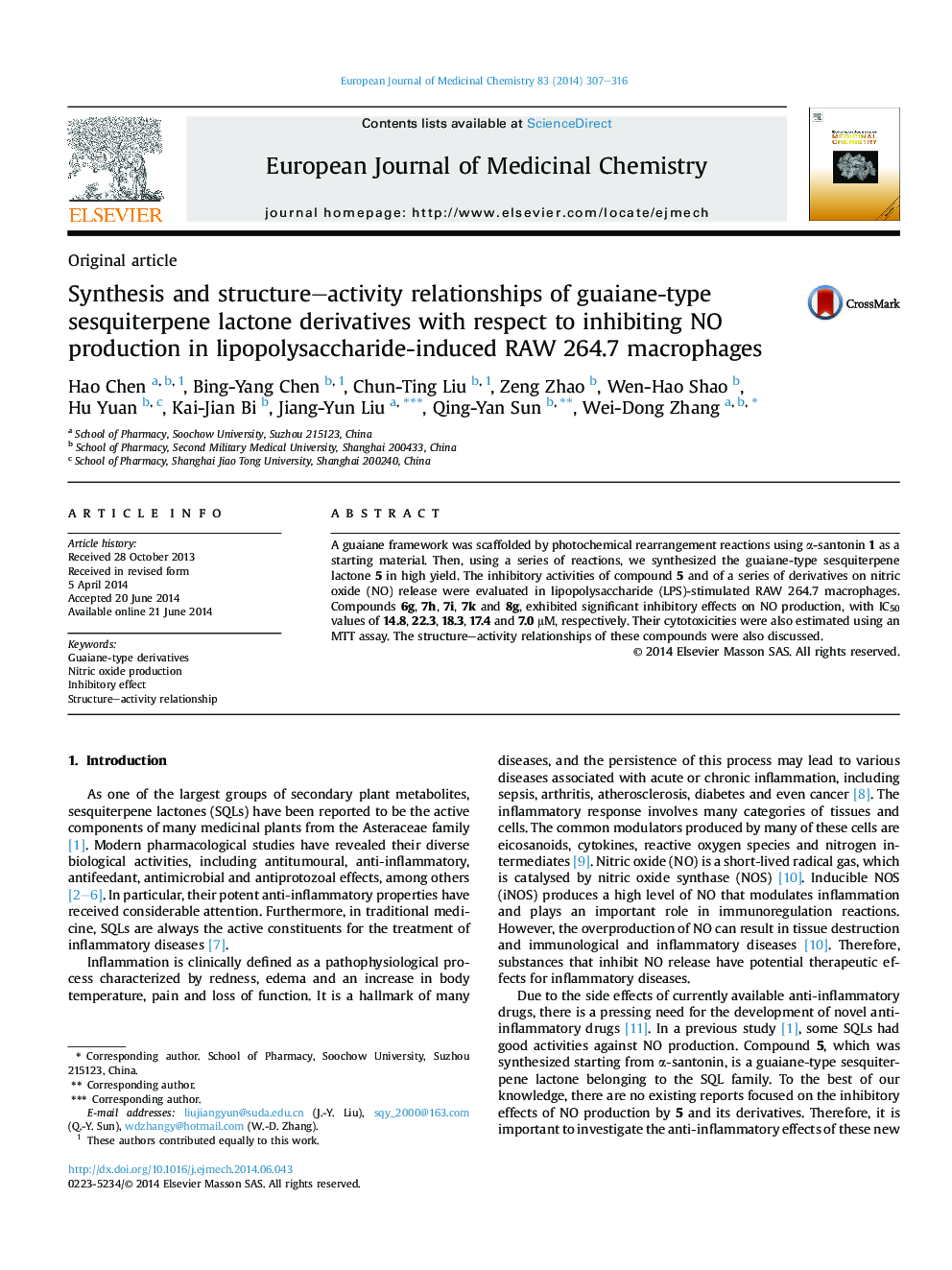 Synthesis and structure–activity relationships of guaiane-type sesquiterpene lactone derivatives with respect to inhibiting NO production in lipopolysaccharide-induced RAW 264.7 macrophages