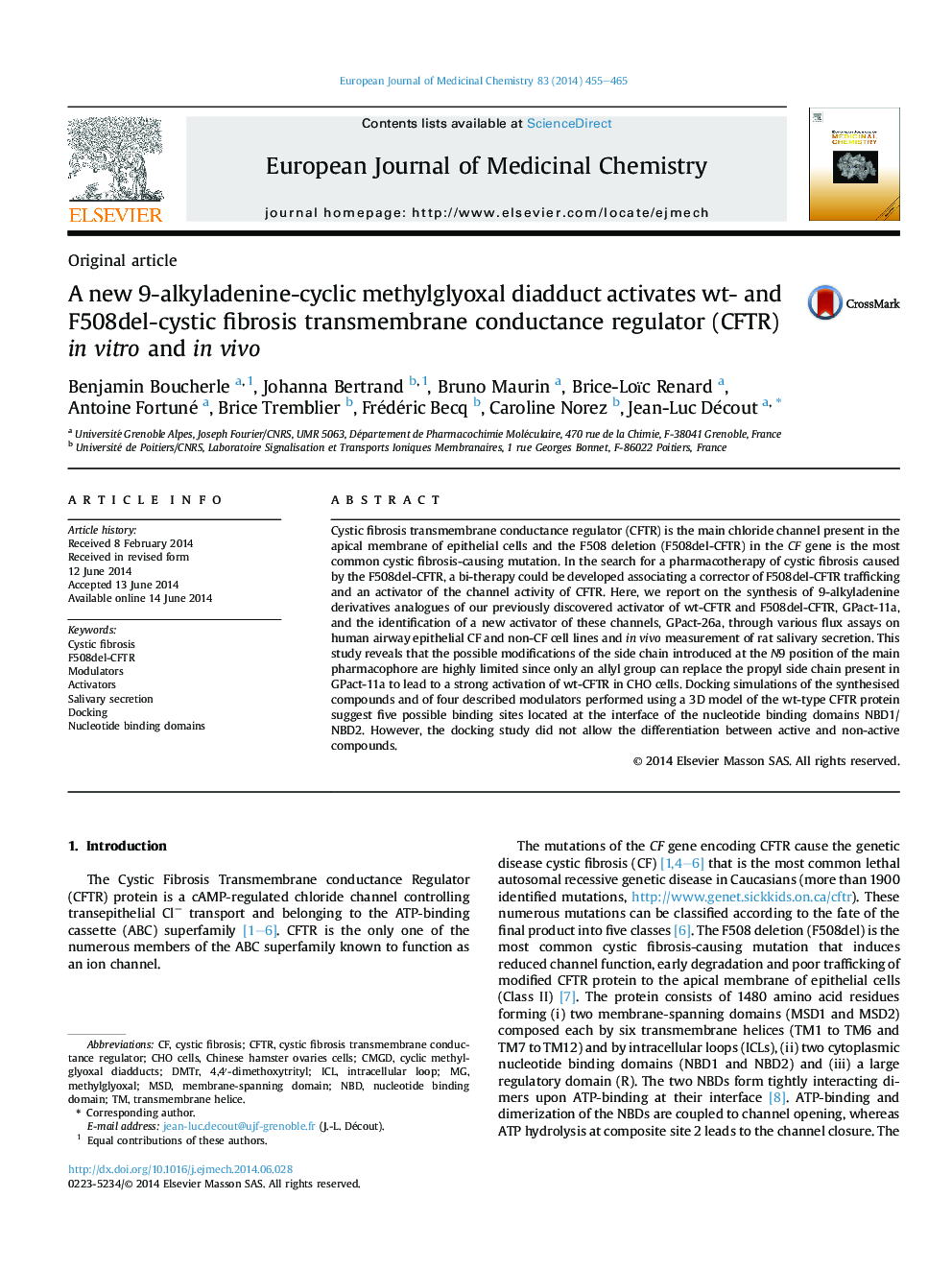 A new 9-alkyladenine-cyclic methylglyoxal diadduct activates wt- and F508del-cystic fibrosis transmembrane conductance regulator (CFTR) in vitro and in vivo