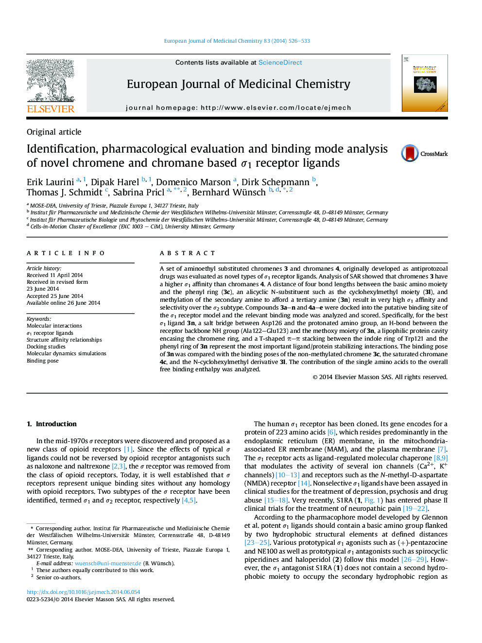 Identification, pharmacological evaluation and binding mode analysis of novel chromene and chromane based σ1 receptor ligands