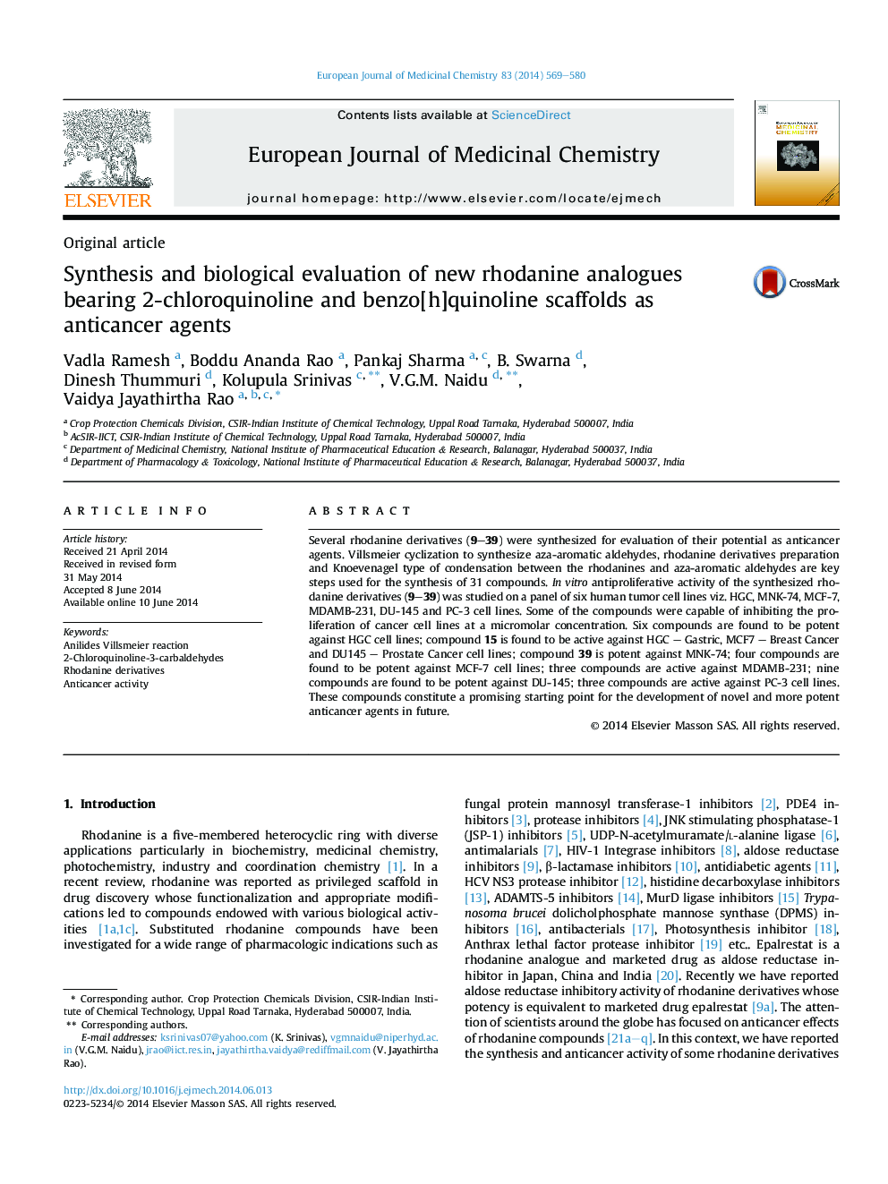 Synthesis and biological evaluation of new rhodanine analogues bearing 2-chloroquinoline and benzo[h]quinoline scaffolds as anticancer agents
