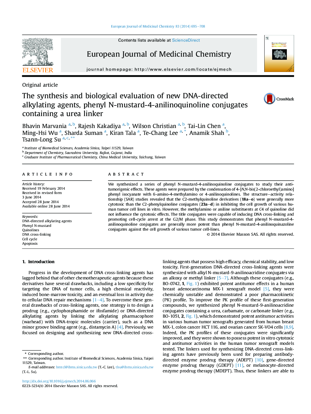 The synthesis and biological evaluation of new DNA-directed alkylating agents, phenyl N-mustard-4-anilinoquinoline conjugates containing a urea linker