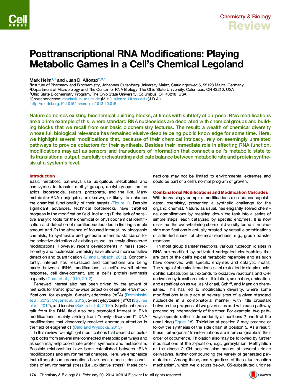 Posttranscriptional RNA Modifications: Playing Metabolic Games in a Cell’s Chemical Legoland