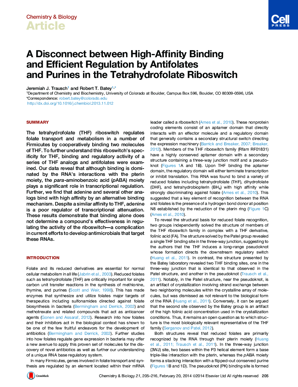 A Disconnect between High-Affinity Binding and Efficient Regulation by Antifolates and Purines in the Tetrahydrofolate Riboswitch