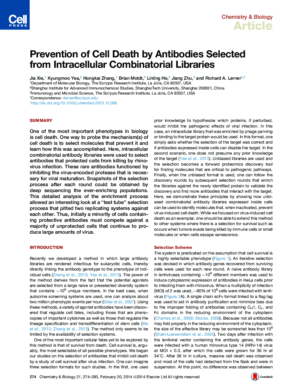 پیشگیری از مرگ سلولی توسط آنتی بادی های انتخاب شده از کتابخانه های ترکیبی داخل سلولی 