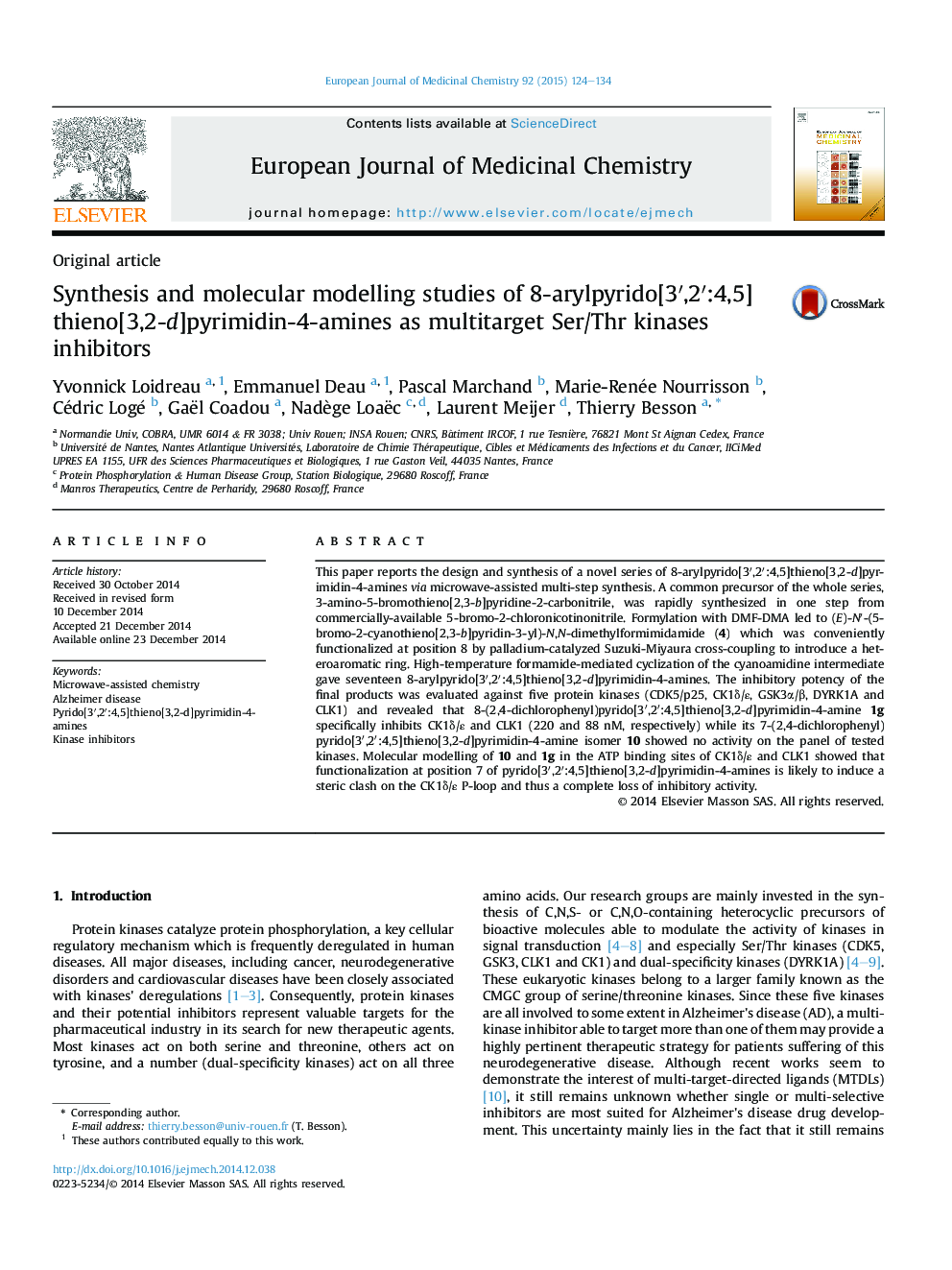 Synthesis and molecular modelling studies of 8-arylpyrido[3′,2′:4,5]thieno[3,2-d]pyrimidin-4-amines as multitarget Ser/Thr kinases inhibitors