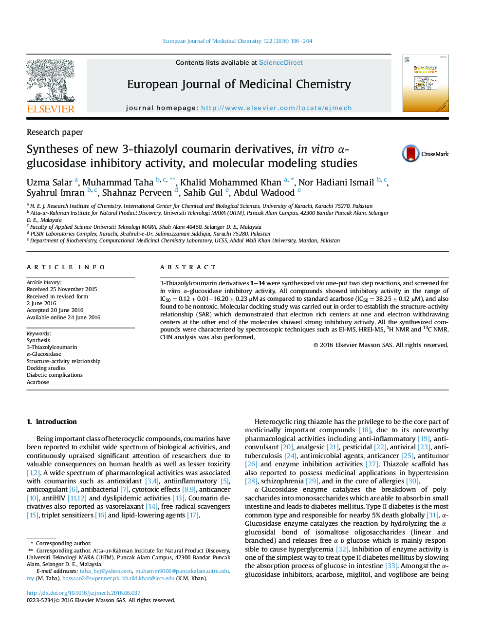 Syntheses of new 3-thiazolyl coumarin derivatives, in vitro α-glucosidase inhibitory activity, and molecular modeling studies