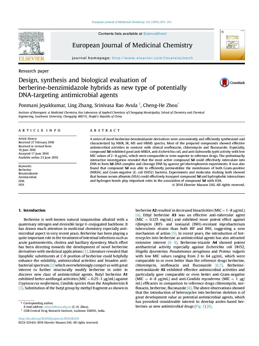 Design, synthesis and biological evaluation of berberine-benzimidazole hybrids as new type of potentially DNA-targeting antimicrobial agents